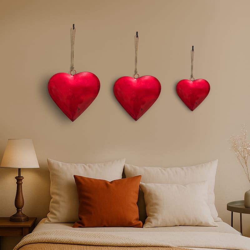 Myri Decorative Metal Heart Wall Decor Set of 3, Classic Red with Jute Hanging Rope, 12, 9.5, 7 Inches