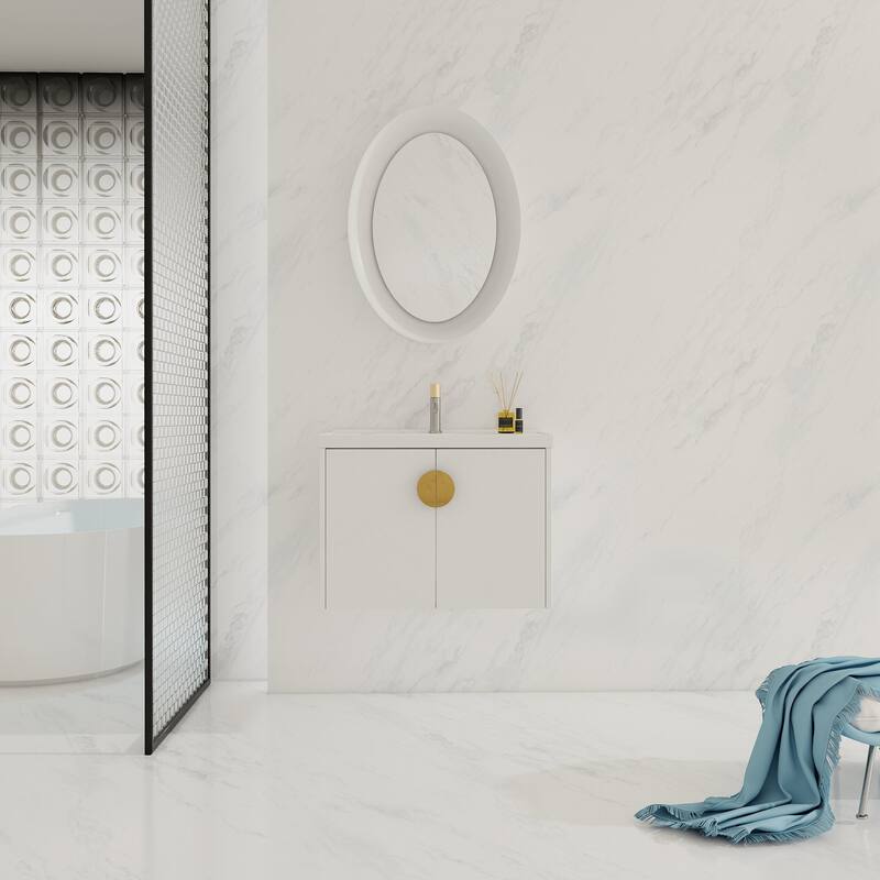 24/28 inch Wall Mounted Bathroom Vanity Set in White with Integrated Ceramic Sink