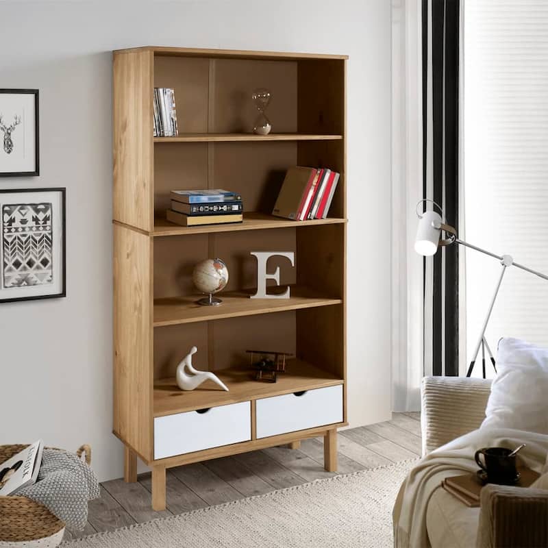 vidaXL Bookshelf Storage Cabinet Shelf for Home Office OTTA Solid Wood Pine - 34.6" x 13.8" x 70.9" - Brown and white