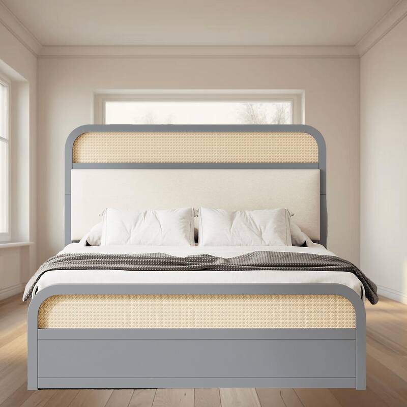 Queen Size Wooden Platform Bed Frame with Twin Size Trundle and 2 Storage Drawers for Bedroom Extra Sleep and Storage Space