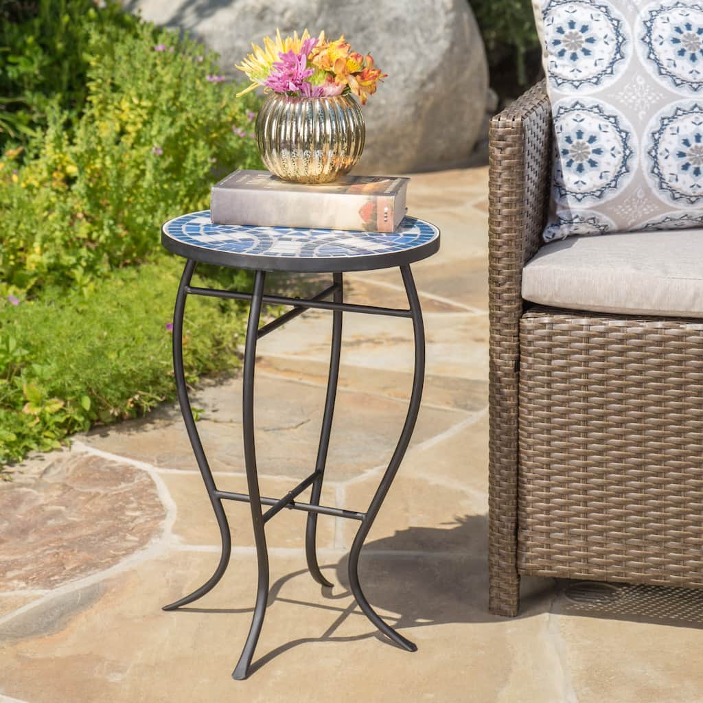 Roomfitters End Table, Round Outdoor Side Table with Blue Mosaic Top and Curved Metal Legs for Patio or Garden, White+Blue