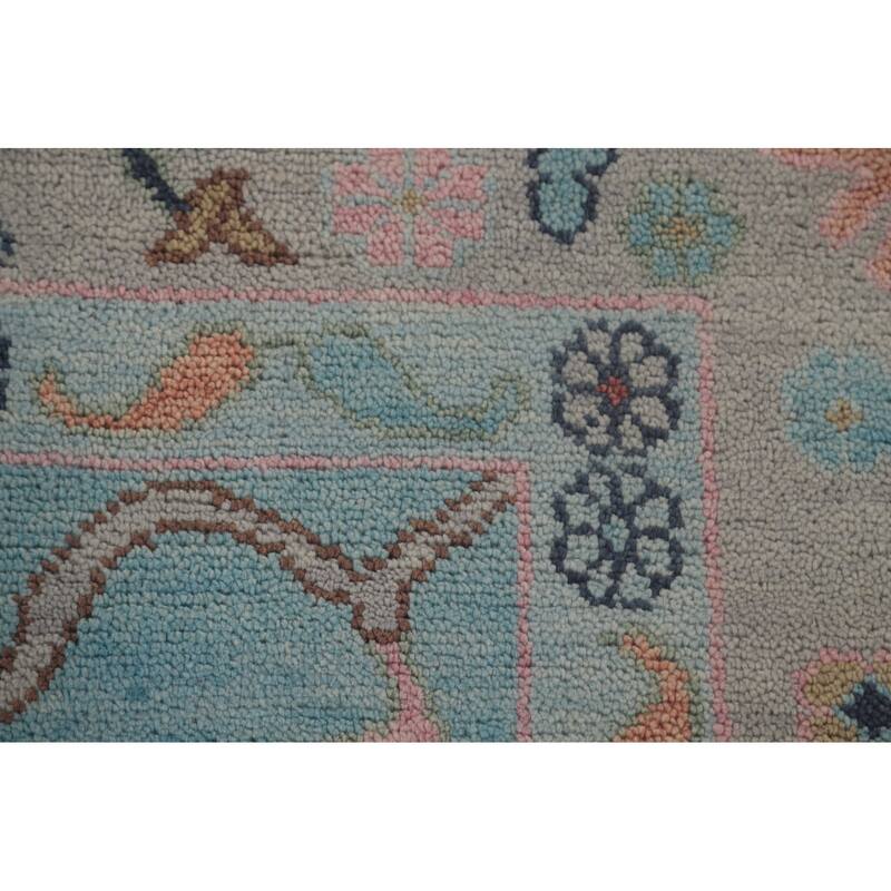 Light Blue Floral Oushak Oriental Area Rug Hand-Knotted Wool Carpet - 8'11" x 11'8"