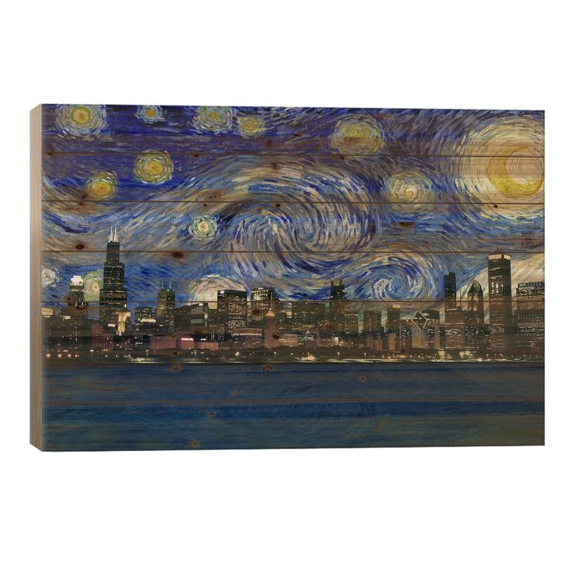 Chicago, Illinois Starry Night Skyline Print On Wood by 5by5collective - Multi-Color - 18x26x1.5