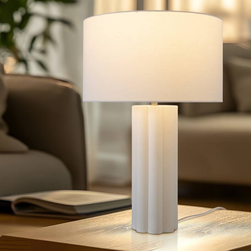 Brightech Becca 20.5" Off-White Cream Mid-Century 9W 800Lm 3000K LED Contemporary Round Table Lamp With Cream Cotton Drum Shade