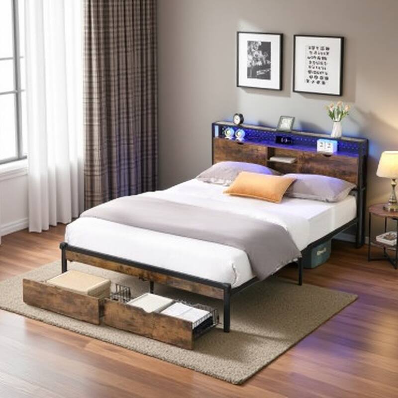 King Size Metal Bed Frame with Storage Headboard, USB Charging Ports, LED Lights, 2 Drawers, and Wood Accents - King Black+Brown - King