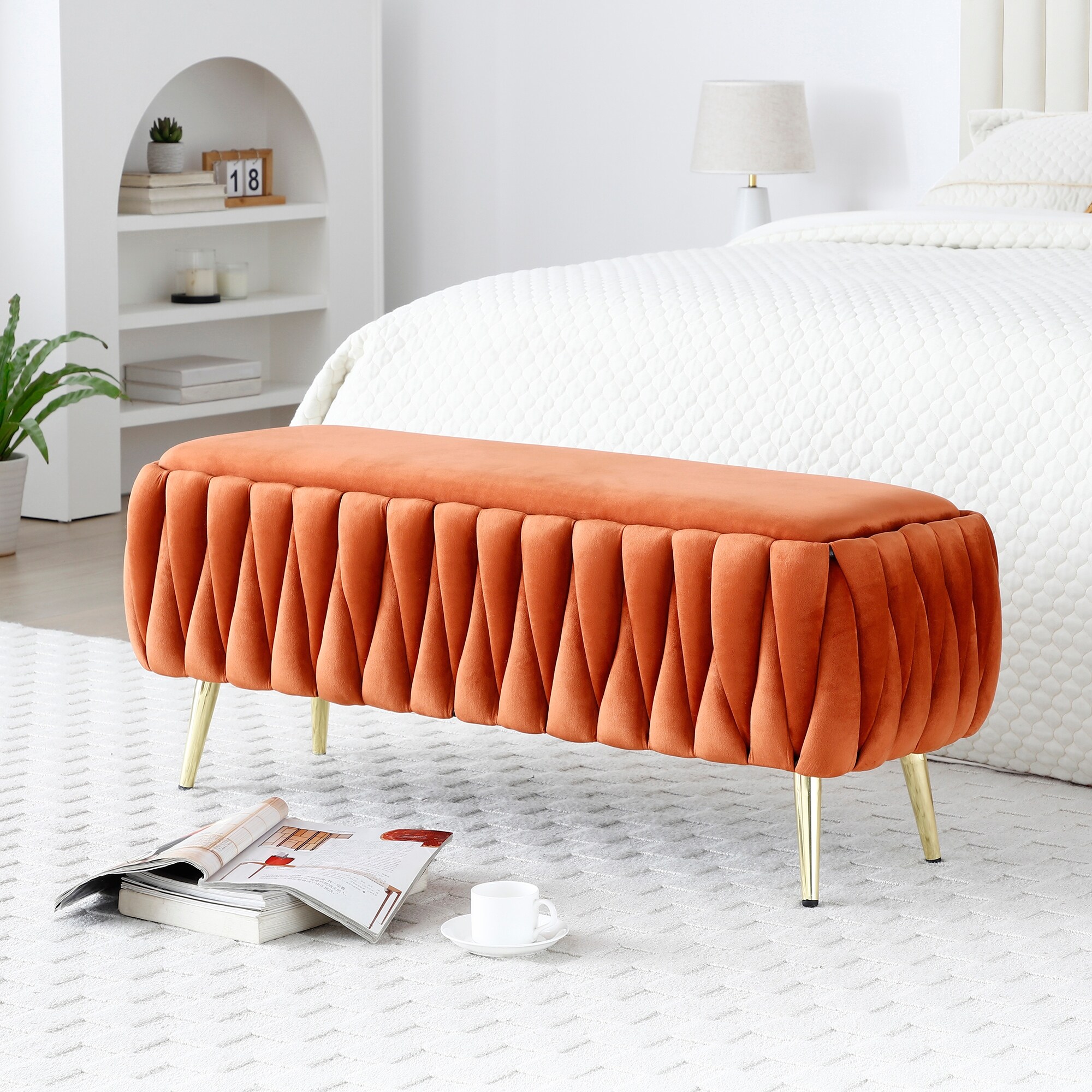 Oval Velvet Storage Bench Ottoman Storage with Gold Legs,Orange