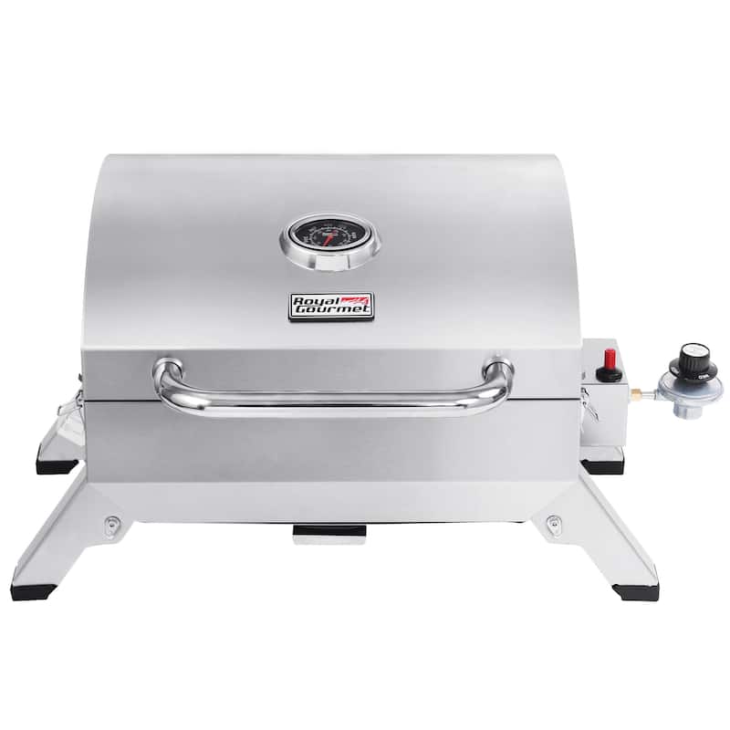 Royal Gourmet Stainless Steel Portable Gas Grill with Folding Legs and Lockable Lid - Silver