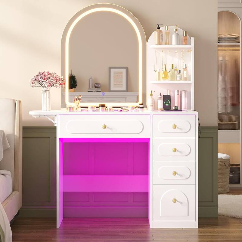 Vanity Desk with Large Mirror and LED Lights 5 Drawers Shelves Glass Top - White