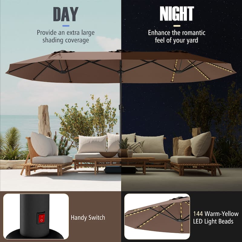 Extra Large 15.5 Feet Double-Sided Patio Umbrella with Solar LED Lights and Crank Outdoor Shade (Umbrella Only)