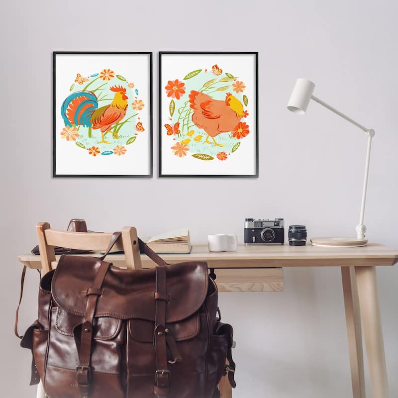Stupell Rooster & Hen with Florals Framed Giclee Art Design By Hannah Moren (Set of 2)
