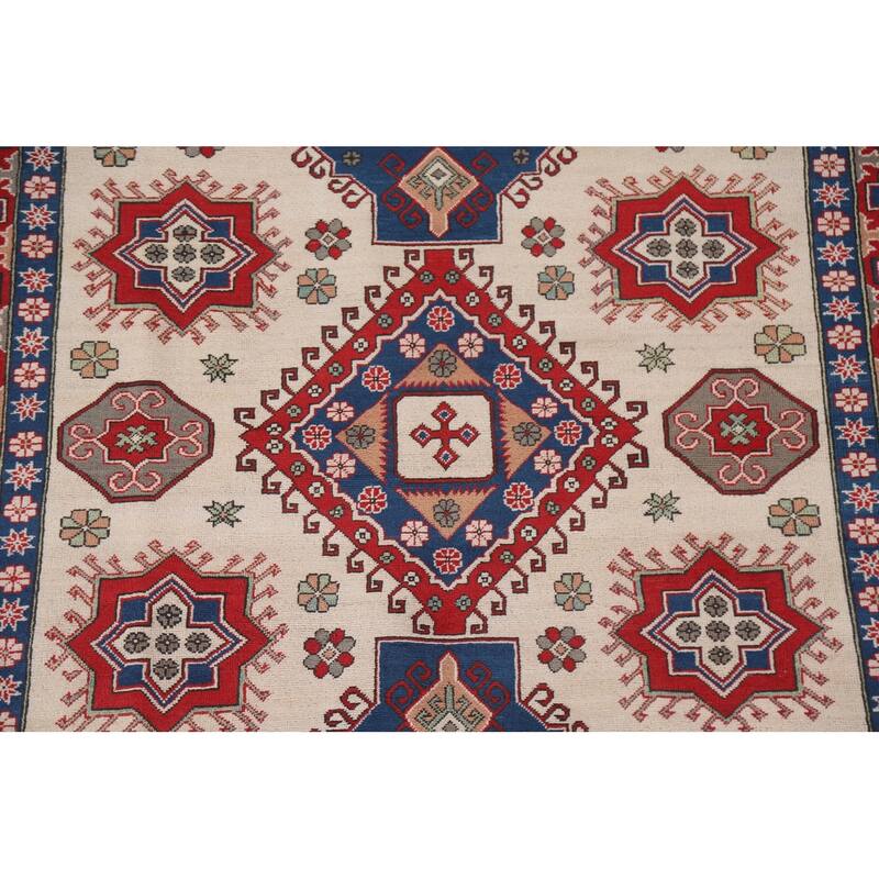Hand Knotted Oriental 100% Wool Carpet Traditional Geometric Beige & Ivories Kazak Area Rug - 9' 7'' X 6' 7''