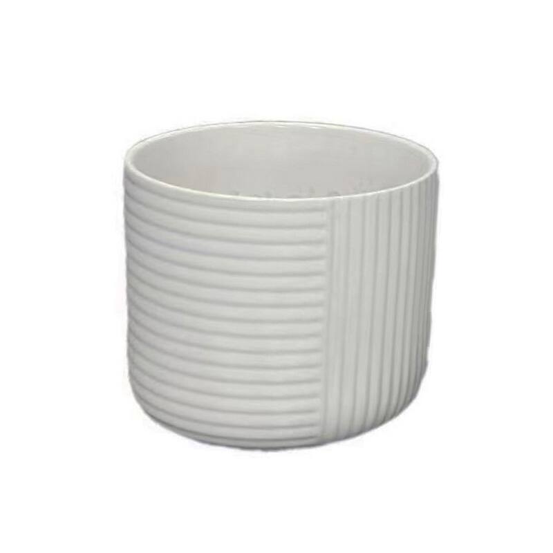 Set of 3 Ceramic Planter, Ribbed, Geometric Design, Matte White Finish