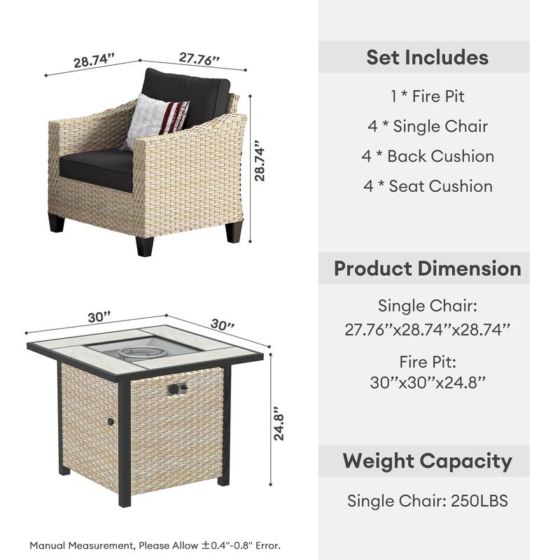 HOOOWOOO 5-piece Outdoor Patio Furniture Rattan Chat Set with Fire Pit Table