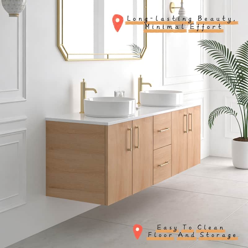 Prismella 60" 72" 84" Floating Vanity with Round Vessel Sink, Quartz Top