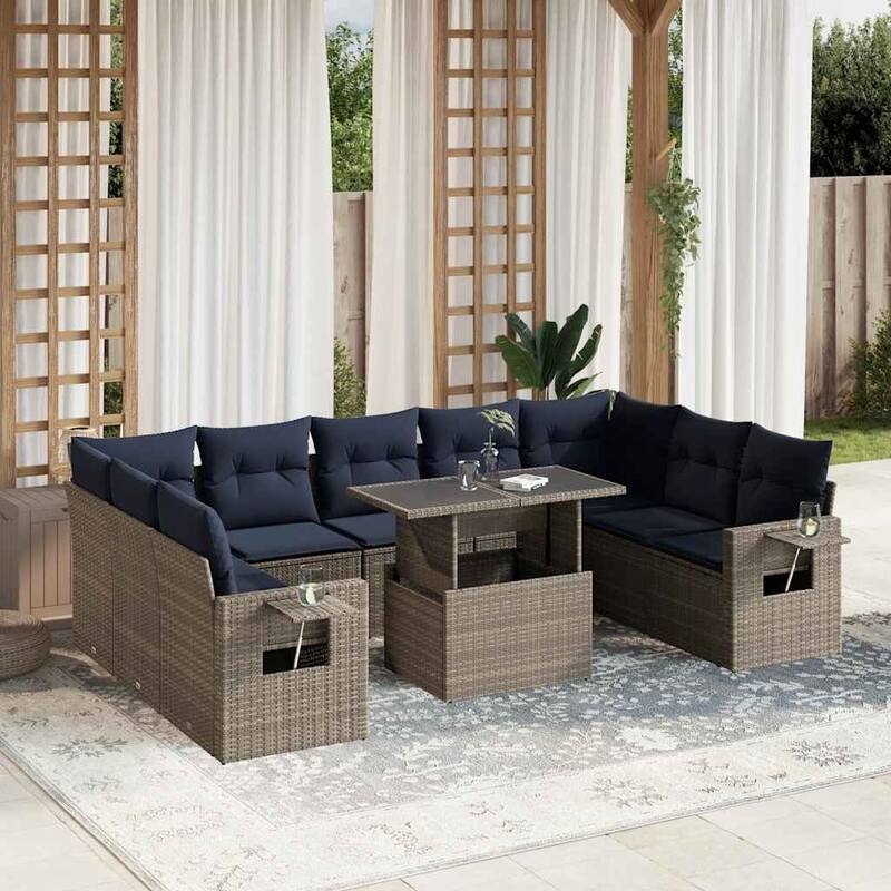 vidaXL 10 Piece Patio Sofa Set with Cushions Black/Gray Poly Rattan - Gray without storage