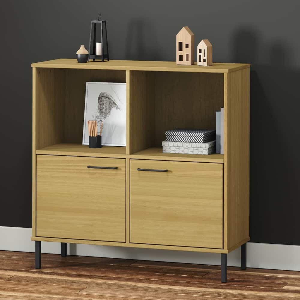 vidaXL Bookshelf Book Cabinet with Metal Legs Storage Cabinet OSLO Solid Wood - 35.4" x 13.8" x 35.6"