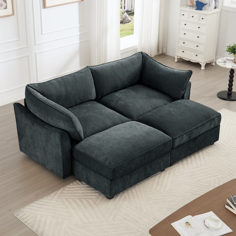 2-Seater Loveseat with 2 Movable Ottoman & Pull out Storage Drawer Under - Grey