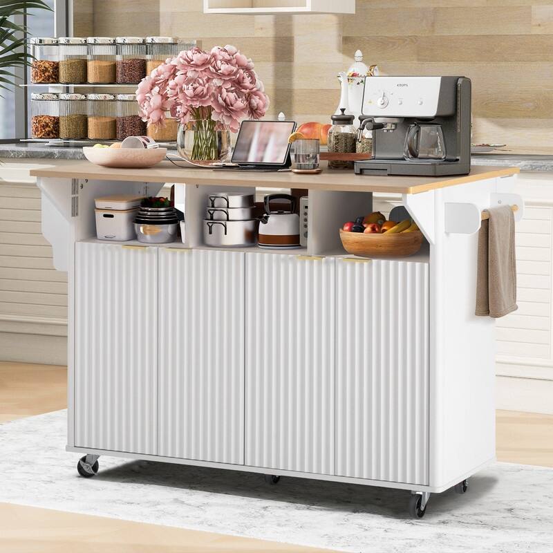 Modern 55.5" Fluted Kitchen Island with Drop Leaf, Kitchen Storage Cart on 5 Wheels with Power Outlet, Spice rack,Curved Edge - White