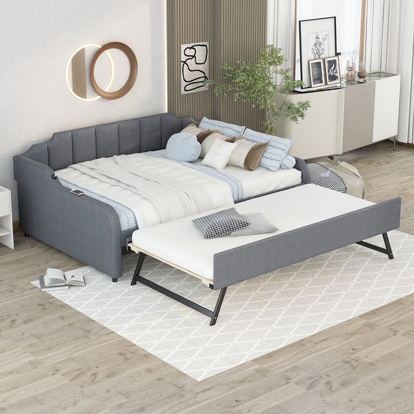 slide 2 of 9, Modern Full Size Upholstery Daybed with Trundle and USB Charging Design Grey