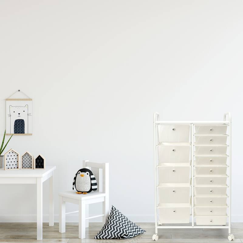 Storage Cart with 15 Plastic Drawers - Multi-Drawer Organizer for Home, Office, Craft, and Classroom