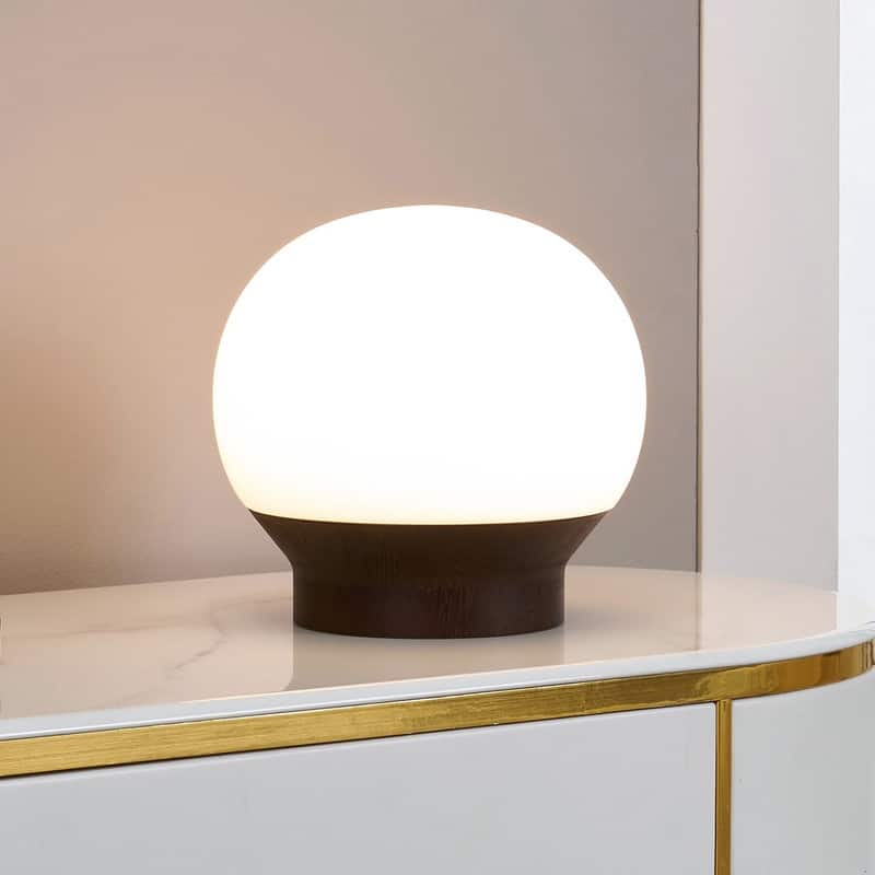 Brightech Marlow LED Walnut Brown Wood Midcentury Round Globe Dimmable Bedside Nightstand Desk Lamp