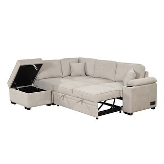 Beige Linen Sleeper Sofa Bed with Storage Ottoman, Convertible L-Shape ...