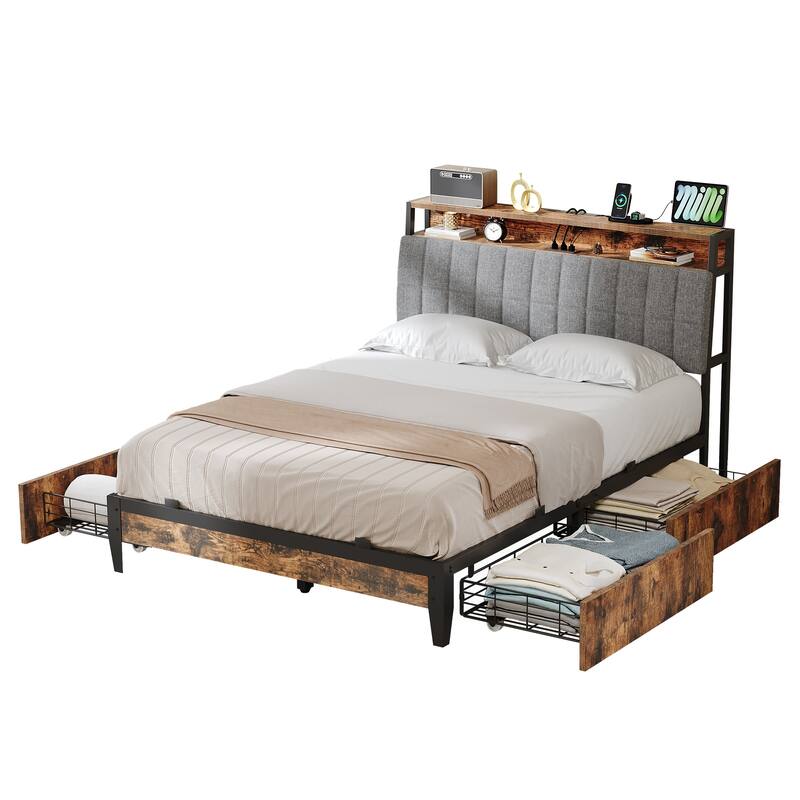 Upholstered Platform Bed with Charging Station and Storage Headboard