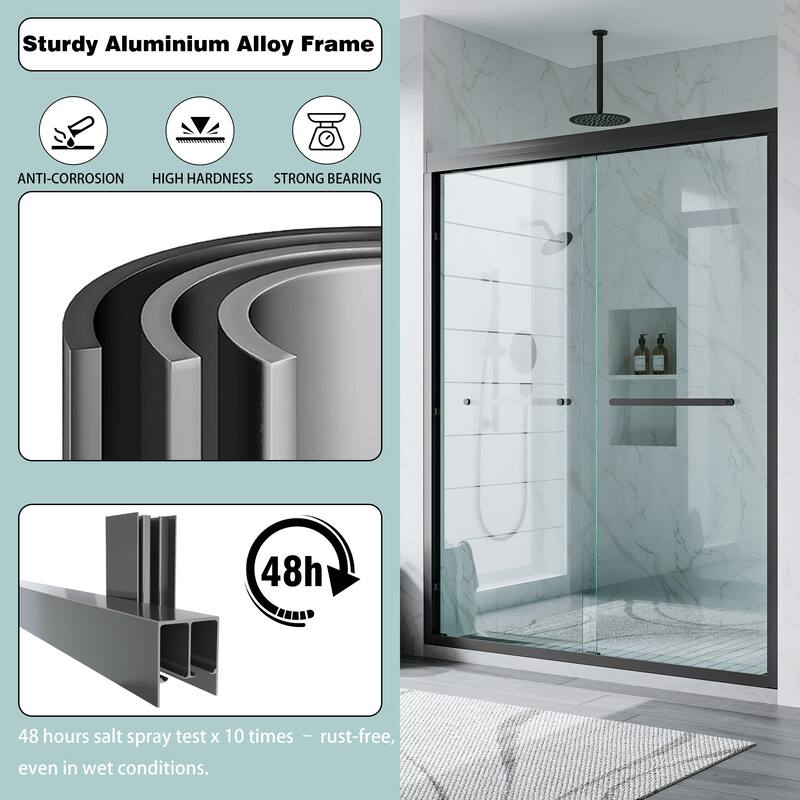 56-60"W x 75"H Aluminium Alloy Frame Double Sliding Shower Door with 6mm Tempered Glass,Matte Black - 56-60"W x 75"H