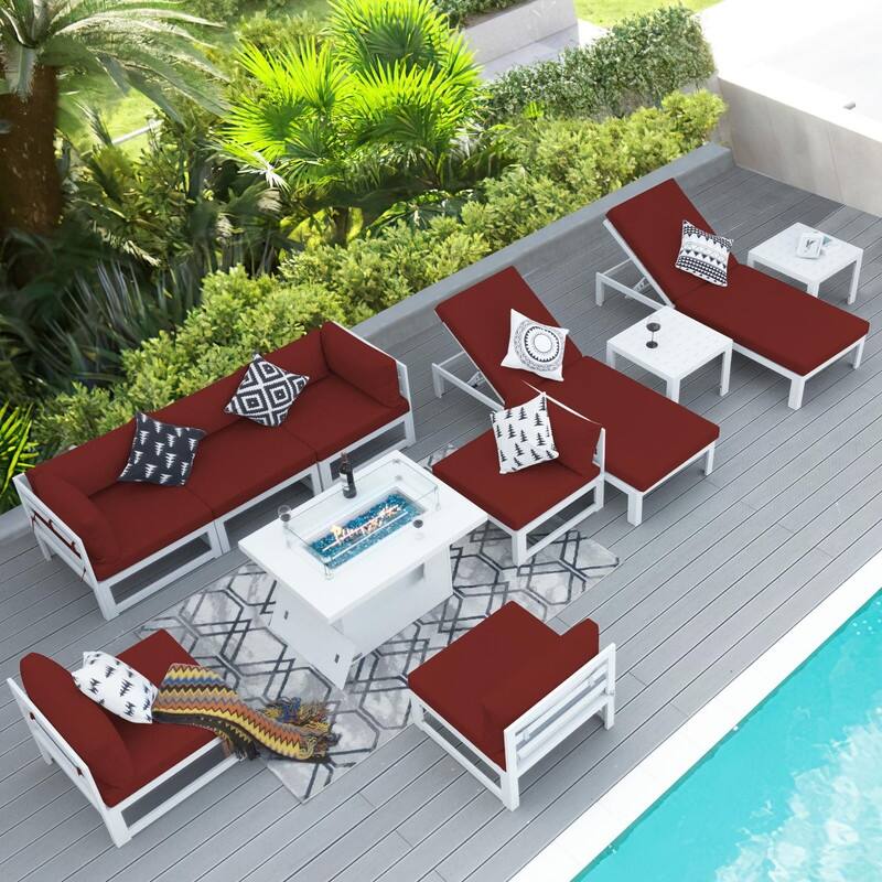 11-Piece Luxury Aluminum Outdoor Furniture Set with Chaise Lounge & Fire Pit Table, 29" Deep Seating Aluminum Patio Sectional - Buegundy - White Frame