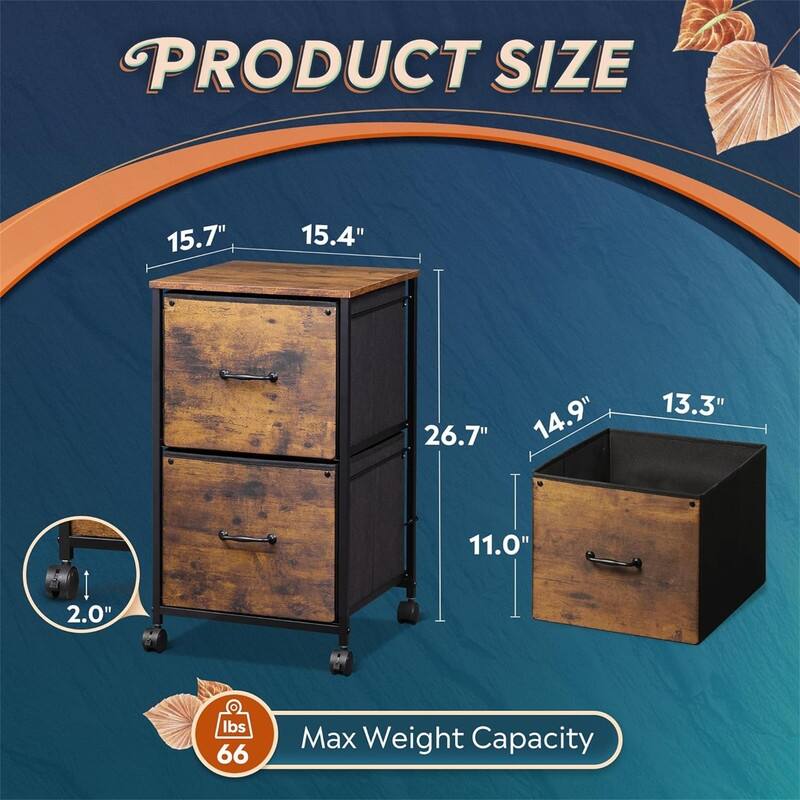 2 Drawer Mobile File Cabinet - 15.7"D x 15.4"W x 26.8"H