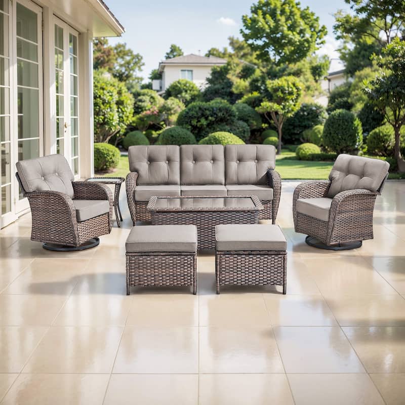 TWrap 7-Piece Patio Brown Wicker Sofa Conversation Set with 5-Inch Thick Cushions - Brown/Gray - 7-Piece