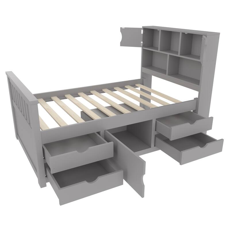 Roomfitters Twin Captain Platform Bed with Bookshelf Headboard and 4 Drawers