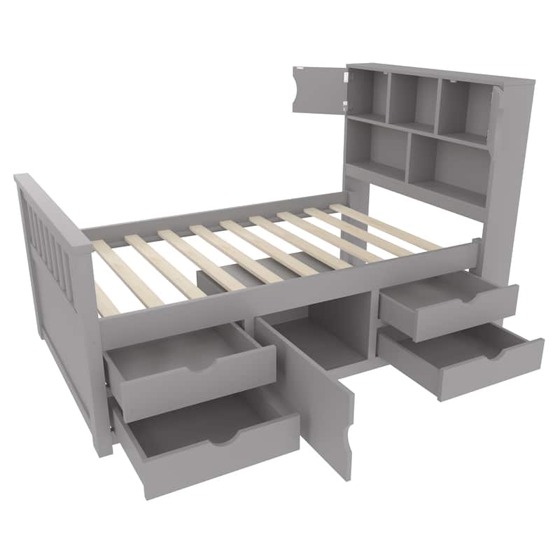 Twin Size Captain Platform Bed Frame with Storage Bookcases and Shelves,Four Drawers