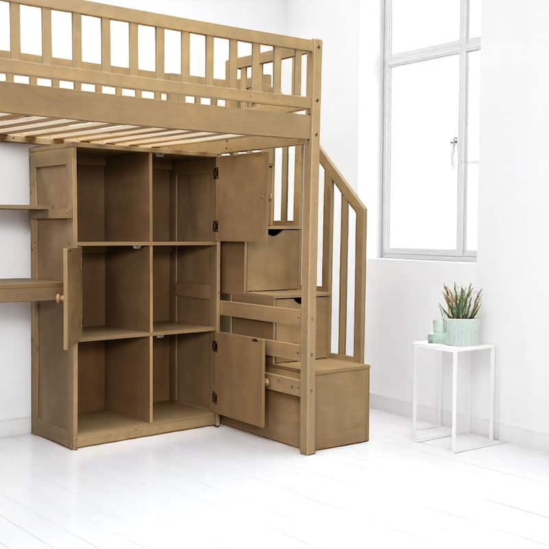 Wood Twin Loft Bed with Desk, 6 Cabinets, LED Strip, Shelves & Stair Storage - No Box Spring Needed