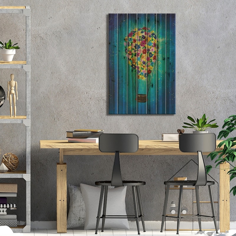 A Balloon Of Flowers In Space Illustration For A Fairy Tale Print On Wood by Valery Rybakow - Multi-Color
