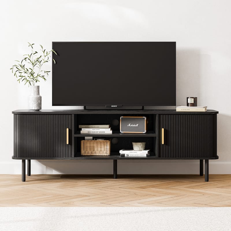 Mid-Century Modern Media Console, Tambour TV Stand with Storage Cabinet and Shelf - 60"W for TVs up to 70" - Black