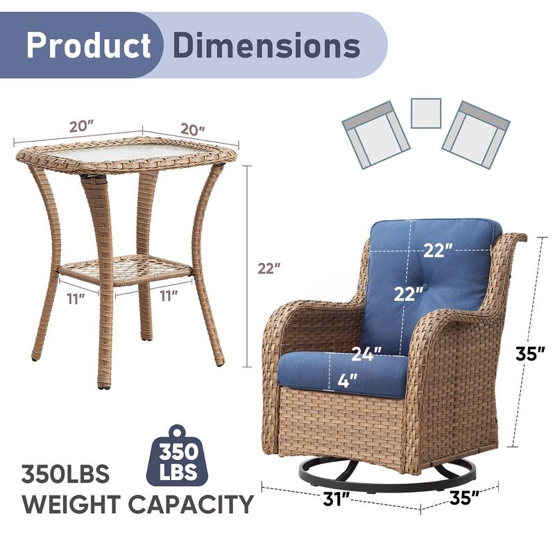 Pocassy Outdoor Glider Chairs Table with 4Inch 5Inch 6Inch Cushion