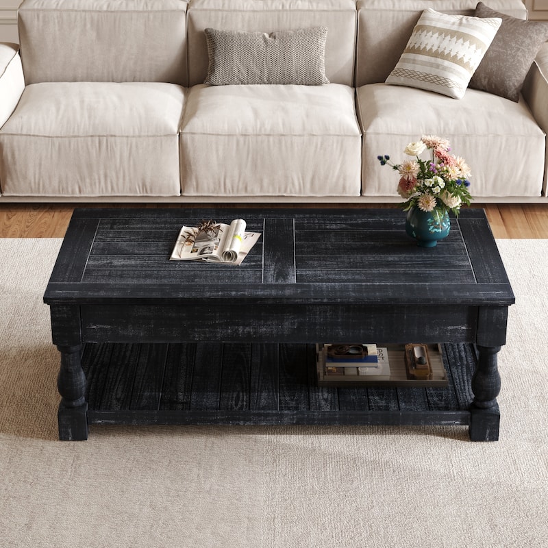 Farmhouse 47.24" Lift Top Coffee Table with Storage Trays Handcrafted Solid Wood for Stylish Living Room Storage