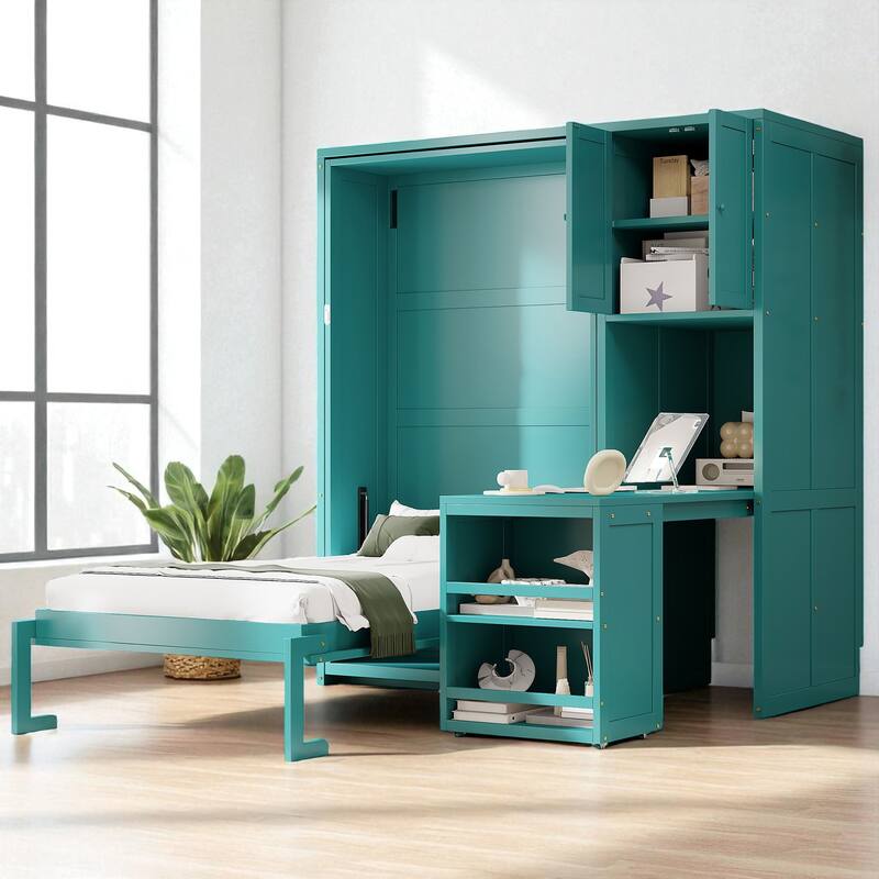Twin Size Rotating Murphy Wall Bed with Bookshelf, Top Cabinet, Extendable Desk and Side Storage