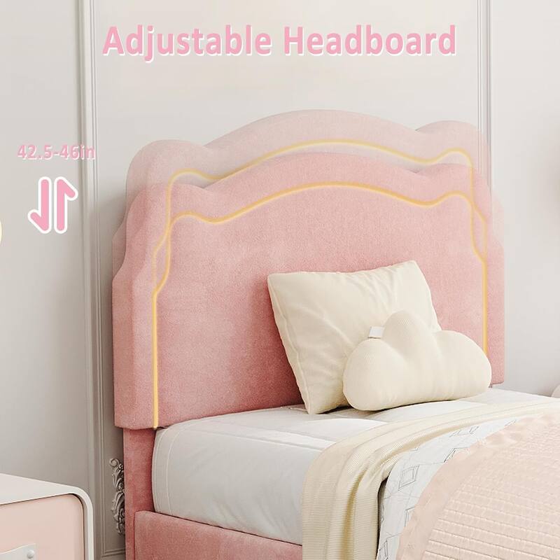 Twin Size Upholstered LED Velvet Platform Bed Frame with Bear-Shaped Headboard, Storage Drawer