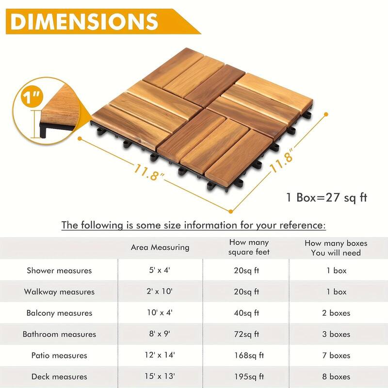 27pcs Deck Tiles - 11.8"x11.8" Interlocking Natural Solid Acacia Wood for Outdoor & Indoor, Patio Garden, Balcony, Poolside