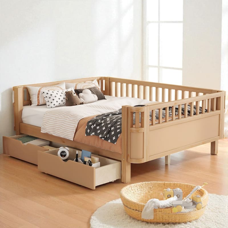 Twin/Full Size Wooden Platform Bed with Safety Rails and 2 Storage Drawers, Low Profile Kids Bed Frame