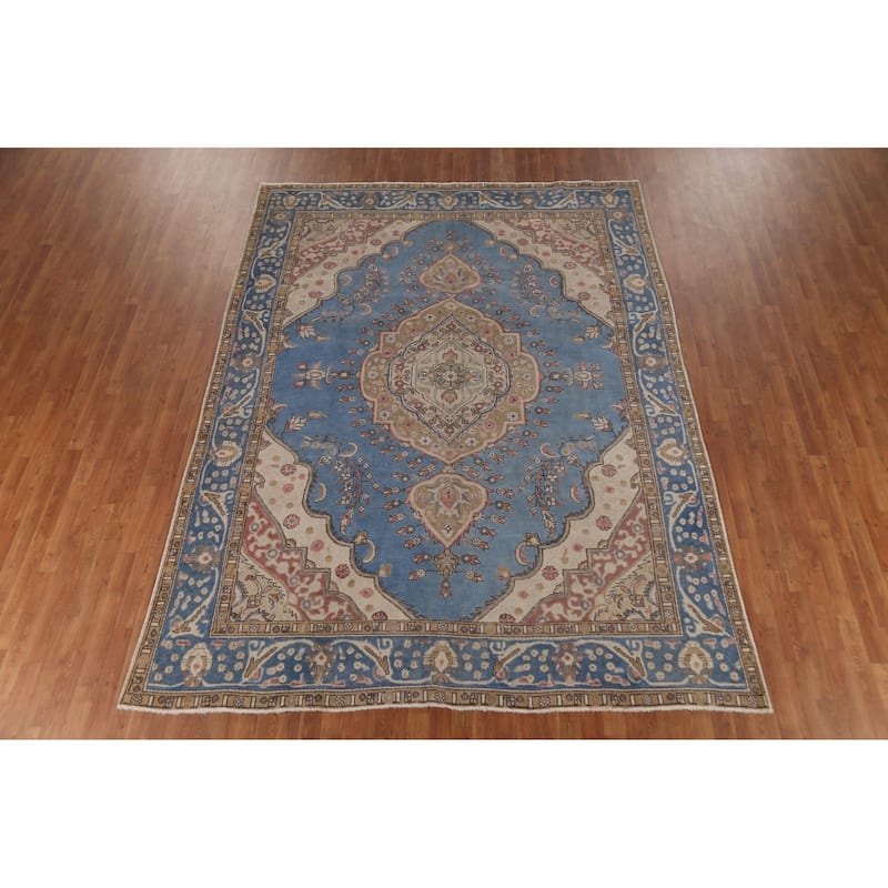 Blue Geometric Tabriz Persian Vintage Rug Hand-Knotted Wool Carpet - 8'2"x 10'9"