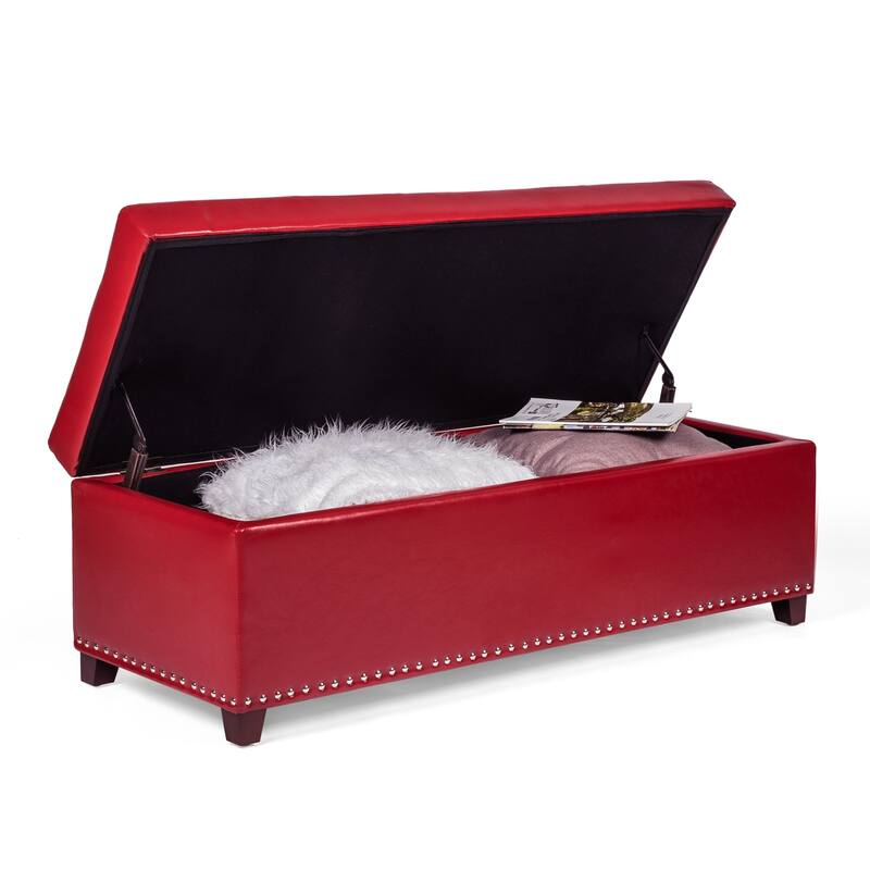 Adeco 46" Faux Leather Storage Ottoman Bench with Nailhead Trim