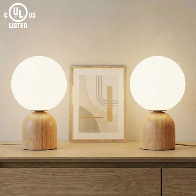 9.84'' Modern Opal Glass Globe Table Lamp with Solid Rubber Wood Base, Rotary Dimmer Switch (Bulb Not Included)