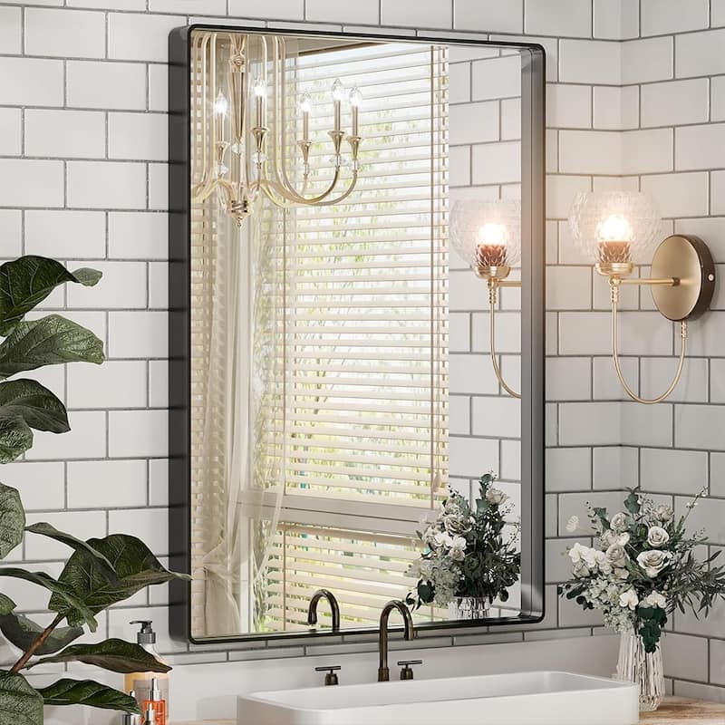 Stylish Rounded Aluminum Framed Bathroom Mirror – Full Length Wall Accent Mirror for Elegant Home Decor - 24"×36" - Black