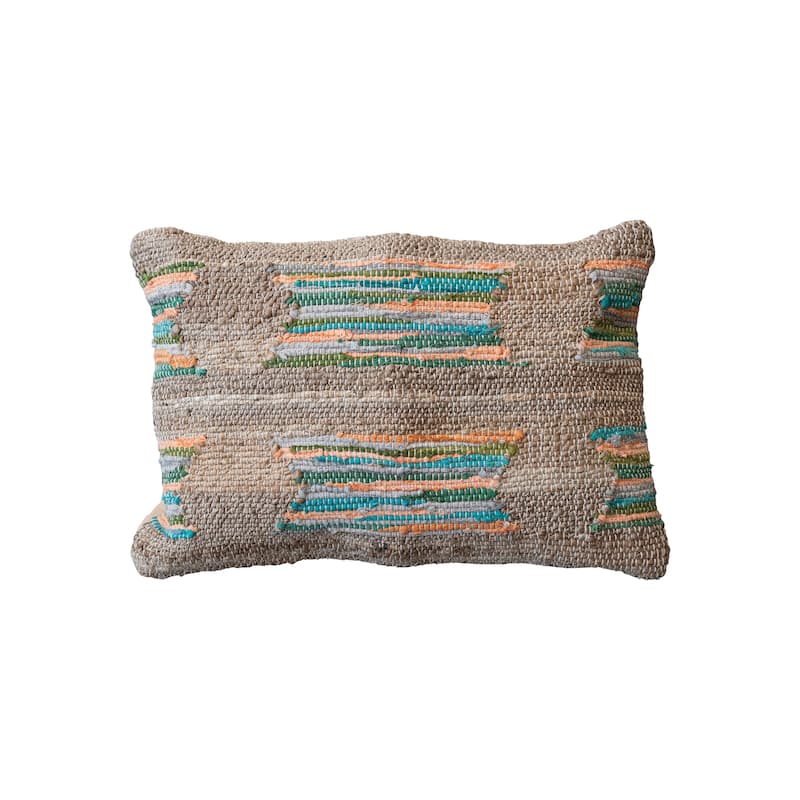 Hand-Woven Jute and Cotton Chindi Lumbar Pillow - 24.0"L x 16.0"W x 1.0"H - Multi