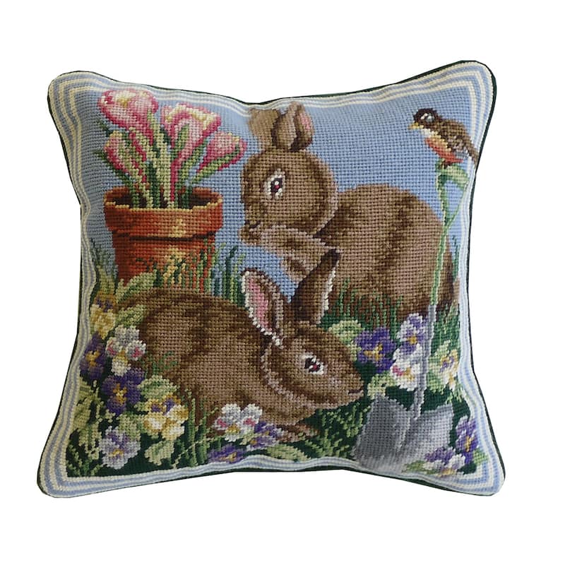 14" x 14" Bunnies In The Field #1 Needlepoint Pillow