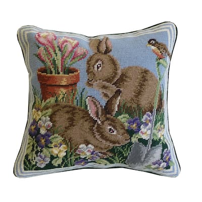 14" x 14" Bunnies In The Field #1 Needlepoint Pillow