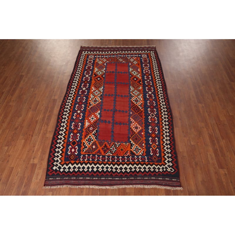 Vegetable Dye Kilim Qashqai Persian Vintage Hand-Woven Wool Carpet - 5'4"x 8'8"